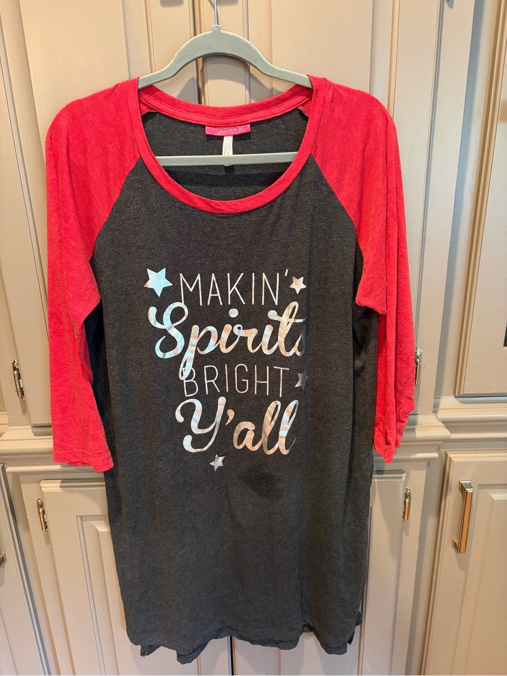 Women's Long Sleeve Raglan Tee - Charcoal Body with Bright Red Sleeves